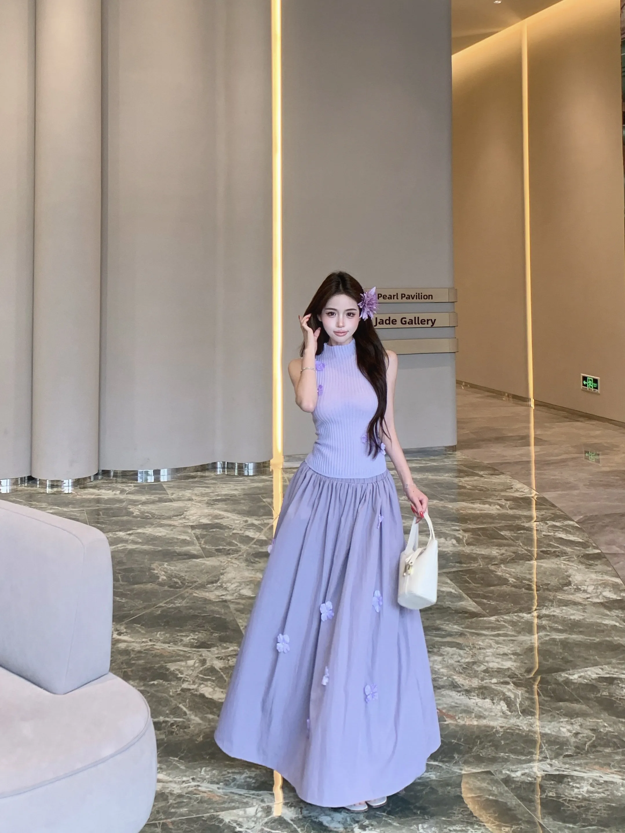 

Summer Fashion Knitted Vest And Skirt Set High Waist Maxi Skirt Half Sleeveless High Collar Women's Two-Piece Ensemble