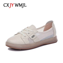 CXJYWMJL Genuine Leather Women Mesh Sneakers Summer Breathable Casual Vulcanized Shoes Ladies Small White Skate Shoes Female