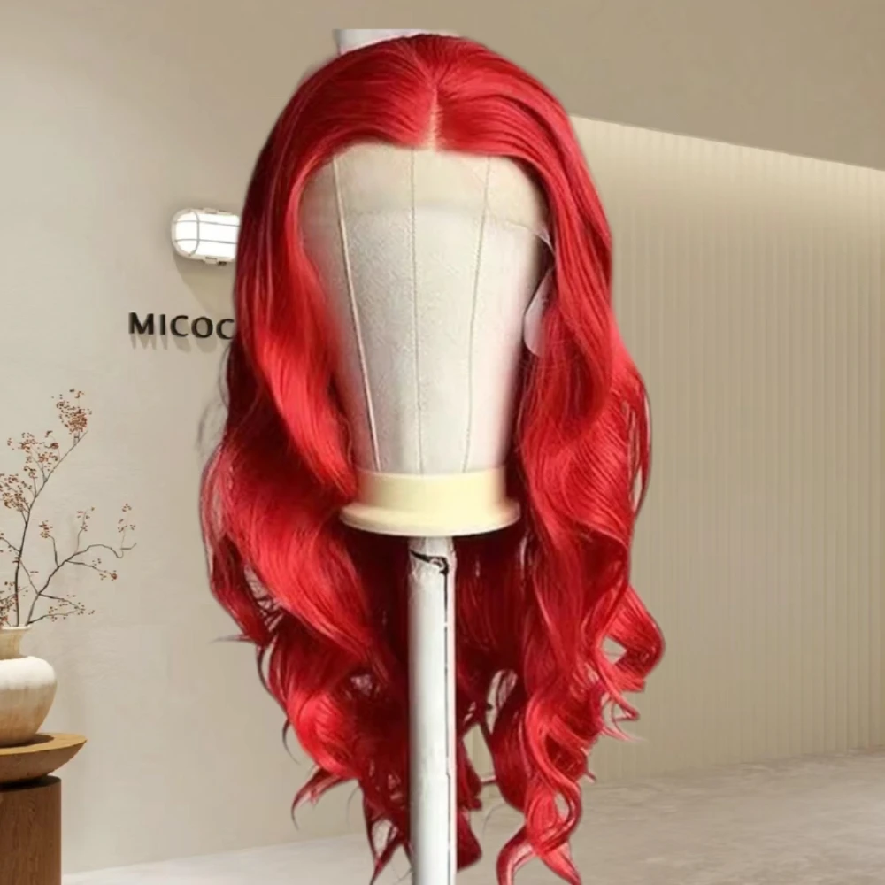 Wig merah panas Wig depan berenda sintetik gelombang tubuh untuk wanita Wig tahan panas siap untuk rambut sintetis Wig renda merah Cosplay