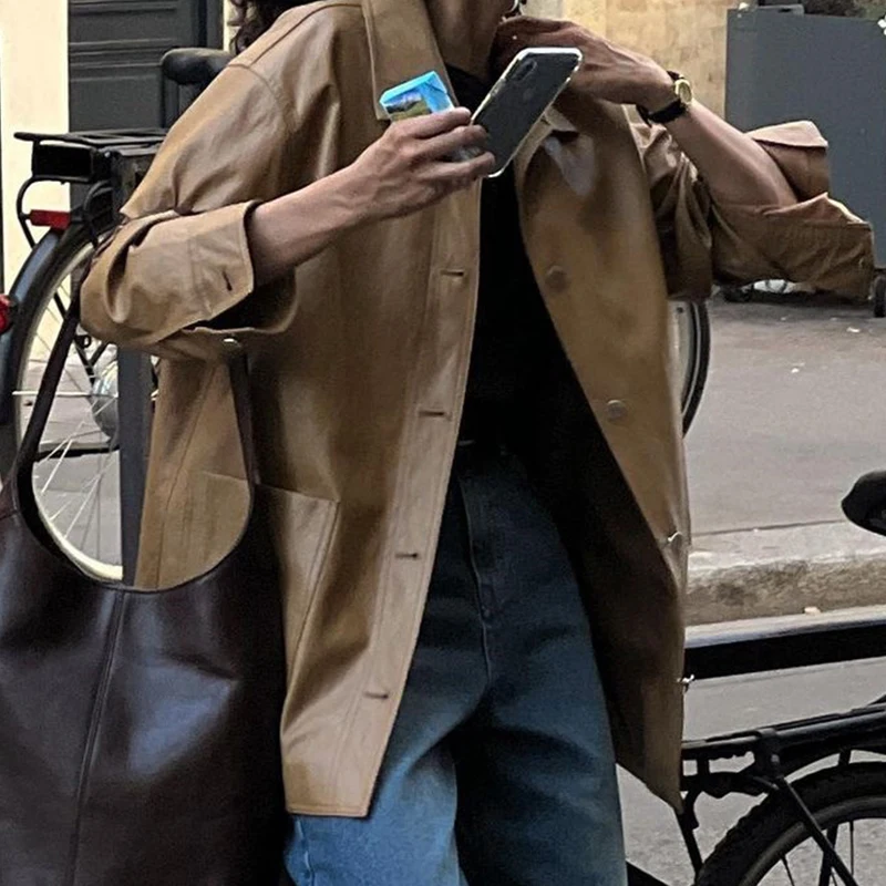 Abrigo de Cuero PU con Botones Metálicos de Manga Larga, Estilo Británico Retro Otoñal, con Diseño de Bolsillos andes para ...