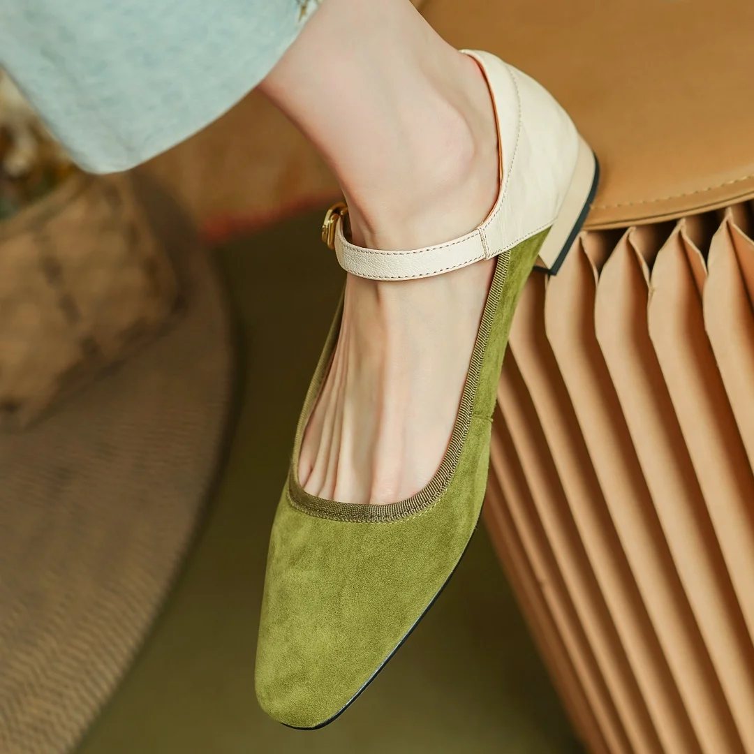 Women\'s natural suede leather mix color patchwork Mary Jane flats square toe casual female slim daily shoes 2024 spring new sale