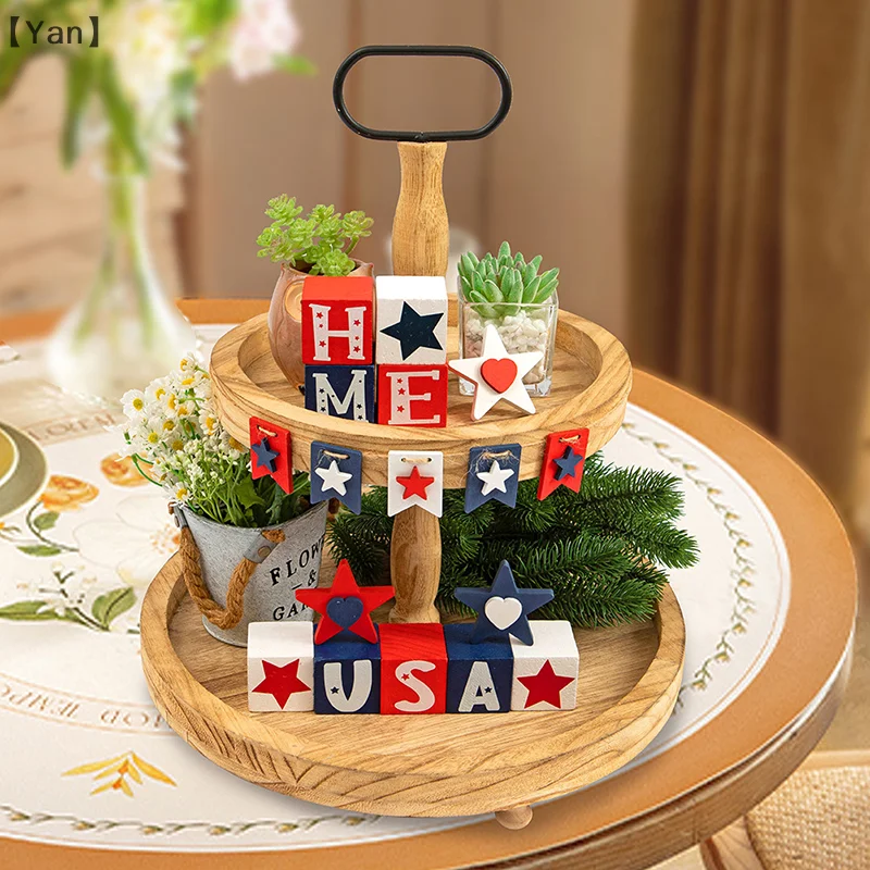 4 de julho decoração de bandeja em camadas, 17 peças vermelho branco azul conjunto de decoração de madeira bandeja em camadas patriótica decoração rústica de fazenda