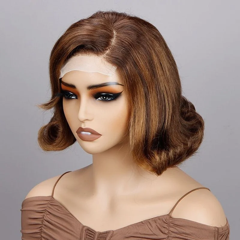 Brown Blonde Highlight Short Wave 4x4 Lace Front  Hair Wigs Pre Plucked Wig