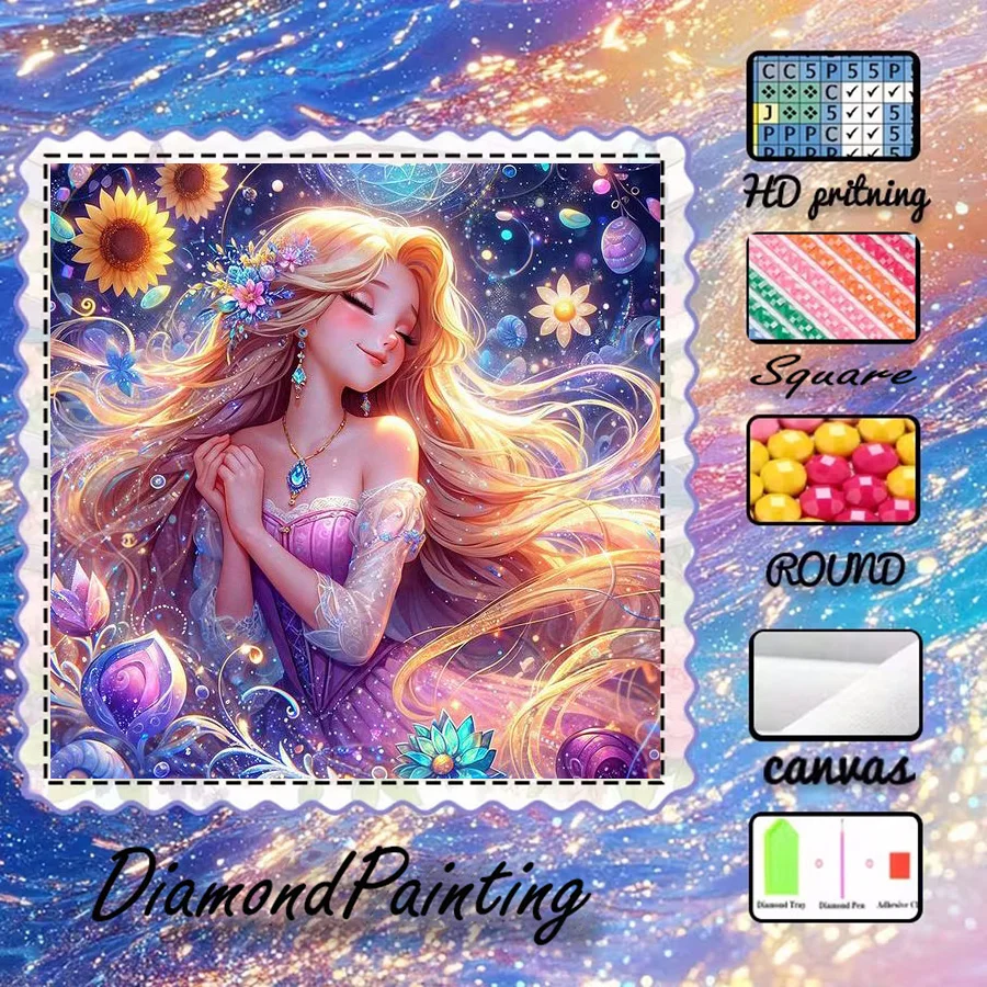 1 Stück - Potdemiel-5D-DIY - Beflockter Stoff - Spezialbohrer - Diamantmalerei-Set - Prinzessin, Blume - Diamantkunst