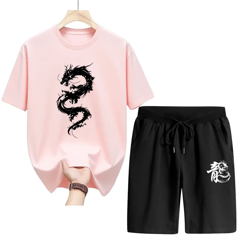 

Chinese Dragon Print T-shirt Shorts 2pcs Set Summer Male Daily Casual Sporty Jogger Suit Man Home Outdoor Comfort Fashion Outfit
