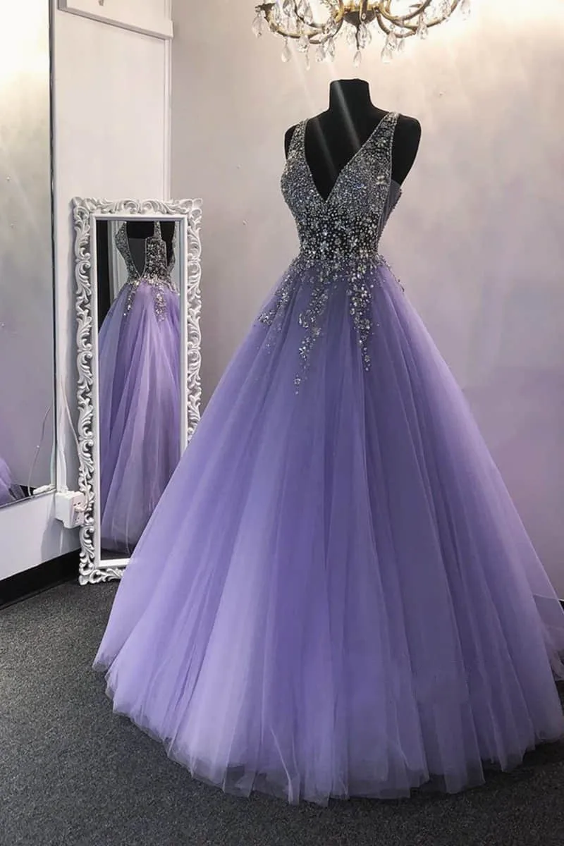 Beaded Rhinestone Prom Dresses Deep V Neckline Sleeveless Ball Gown Tulle Long Floor Length Women Formal Party Evening Gowns