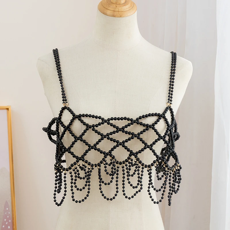 Hand-woven Pearl Vest ins Light Luxury outside with string pearl halter vest vest jewelry