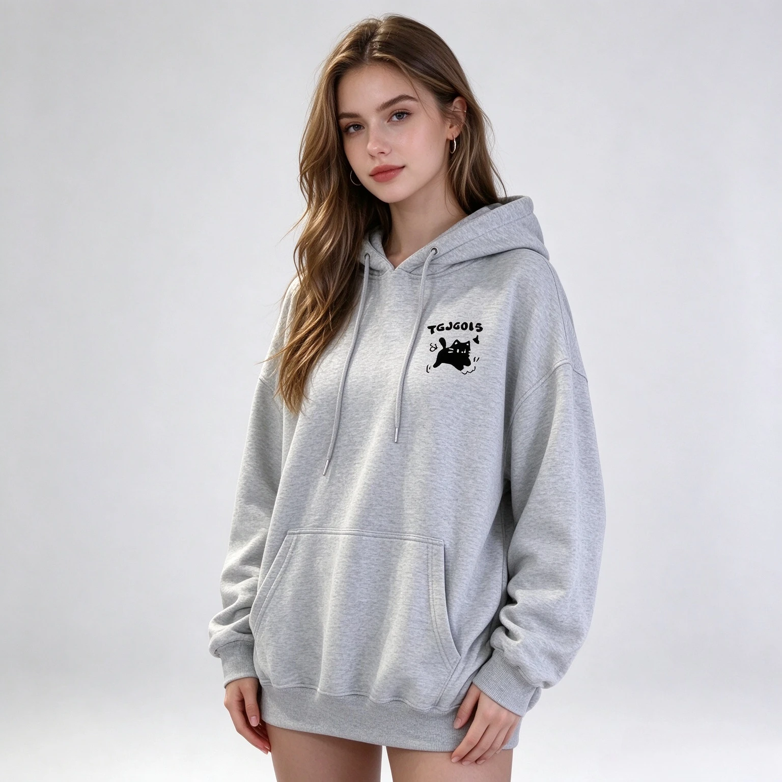 2026 New Little Black Cat Print Hooded Zip Up Jacket, Simple Casual Sports Cardigan, Long Sleeve Winter Outerwear