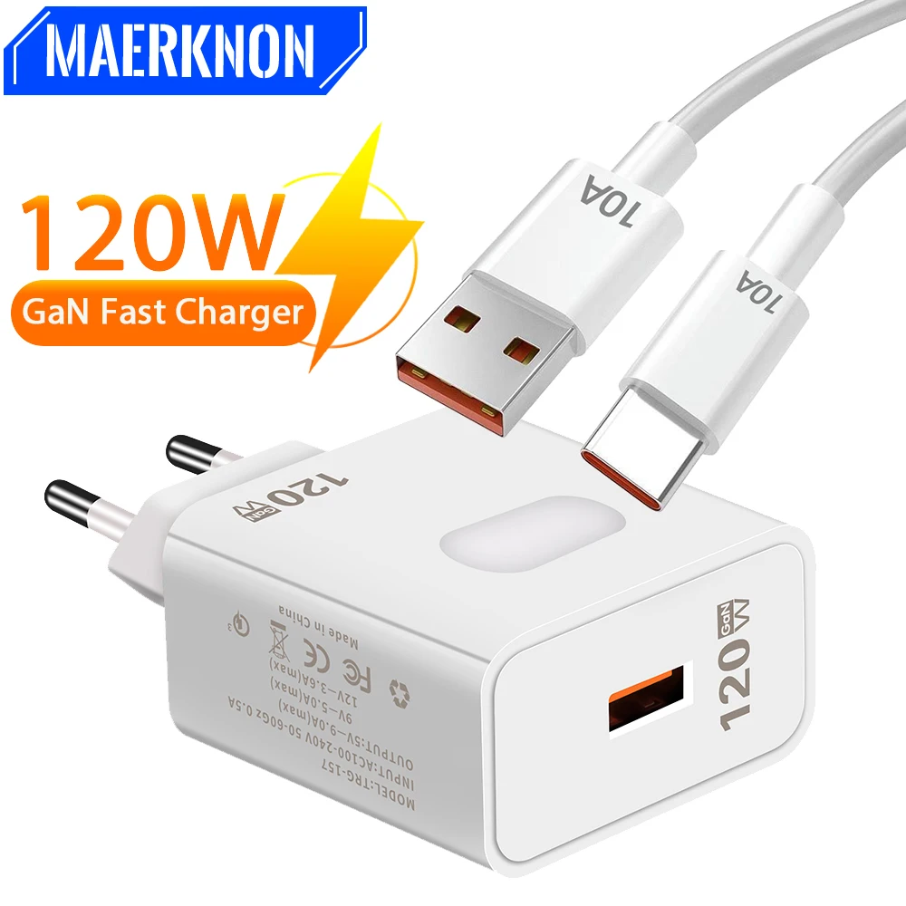 GaN Fast Charging 120W USB Quick Charger 3.0 Type-C Cable Mobile Phone Charger Power Adapter For Iphone 15 16 Pro Samsung Xiaomi