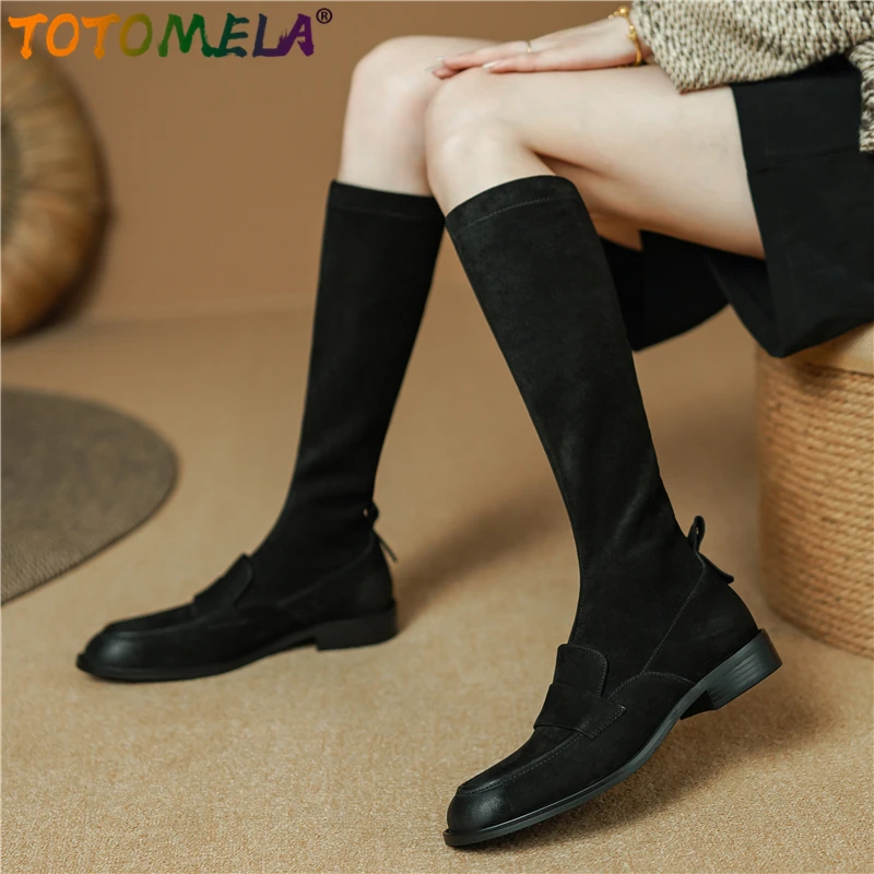 

TOTOMELA New Nature Genuine Leather Stretch Boots Women Shoes Fashion Slip On Square Low Heels Black Brown Knee High Boots