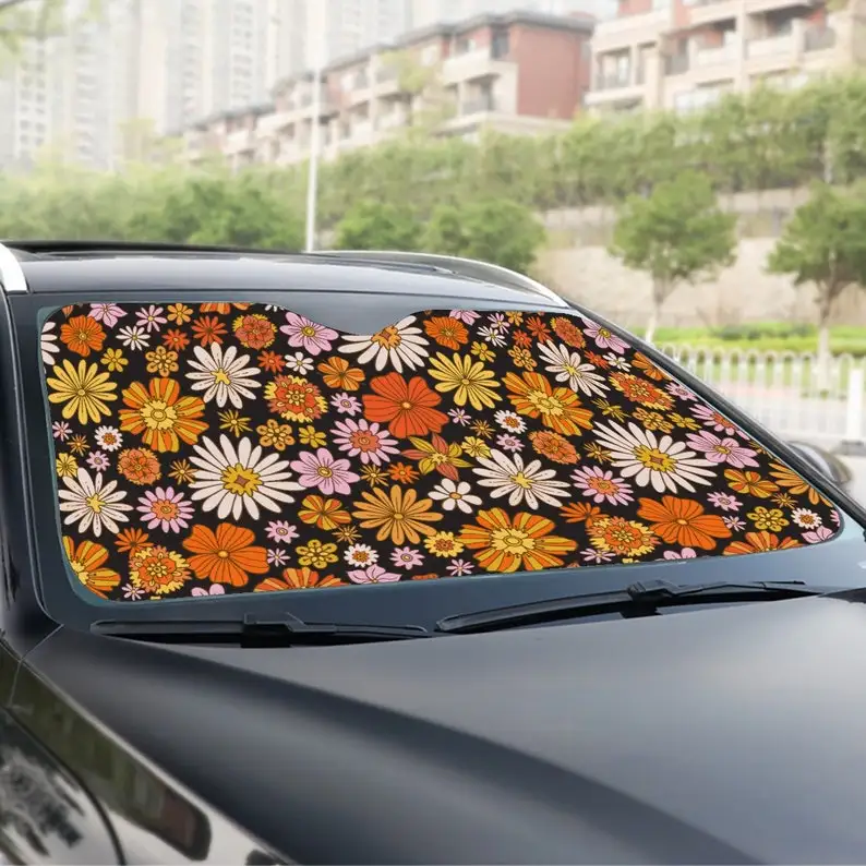 

Retro 70's Floral Windshield Visor Orange Groovy Daisy Visor Vintage Car Decor Cute Accessories Window Sunscreen