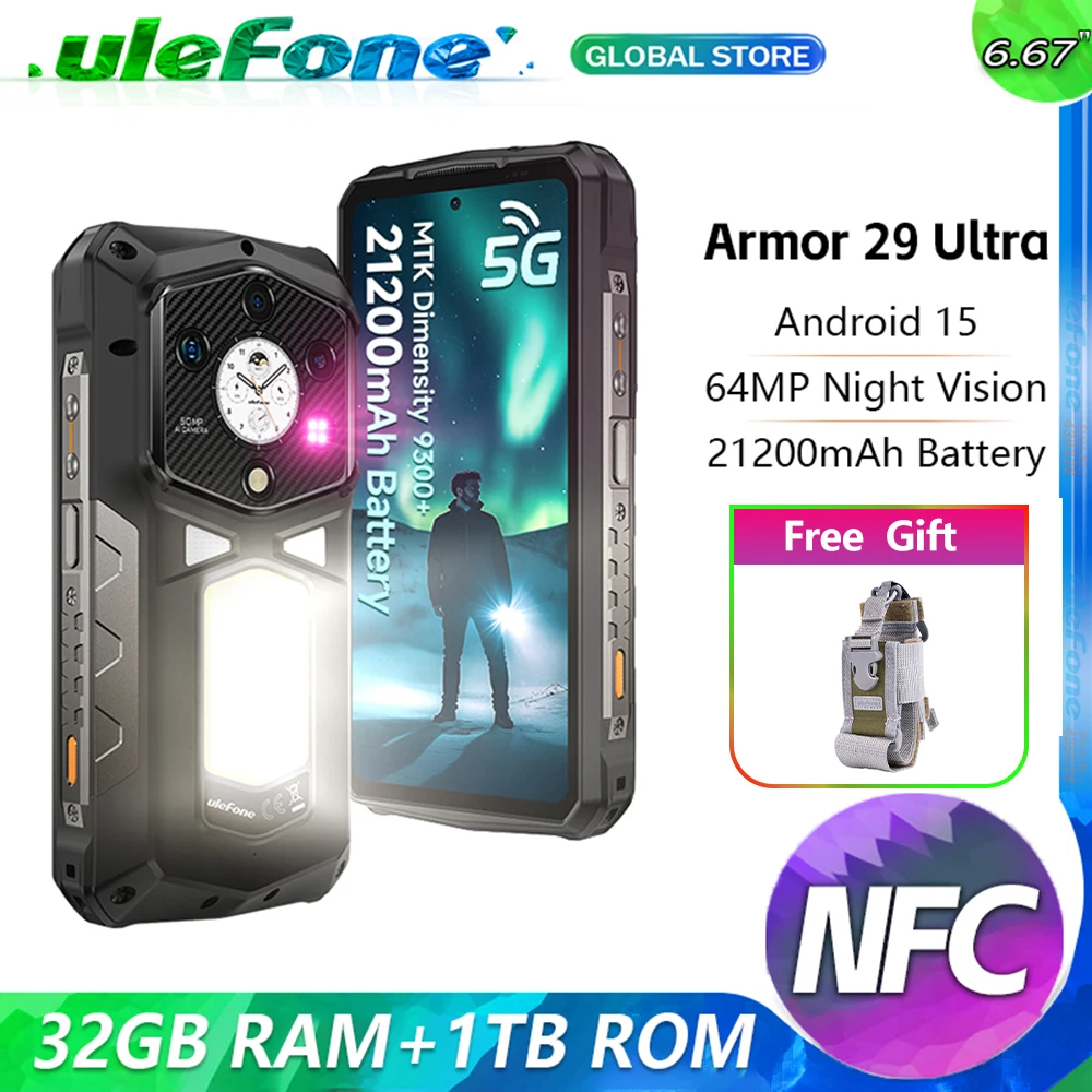 Ulefone Armor 29 Ultra، 5G متين، 32 جيجابايت (16+16) + 1 تيرابايت جيجابايت، 211200 مللي أمبير، 6.67 بوصة الأبعاد 9300 + 120 هرتز، 64 ميجابكسل، أندرويد 15، NFC، 120 وات
