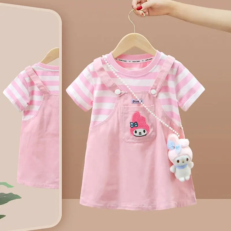 

2024 My Melody Girls Skirt Summer Sanrio Kawaii Anime Fake Two Strappy Children Striped Dress Cartoon Cute Fashion Tops Kid Gift