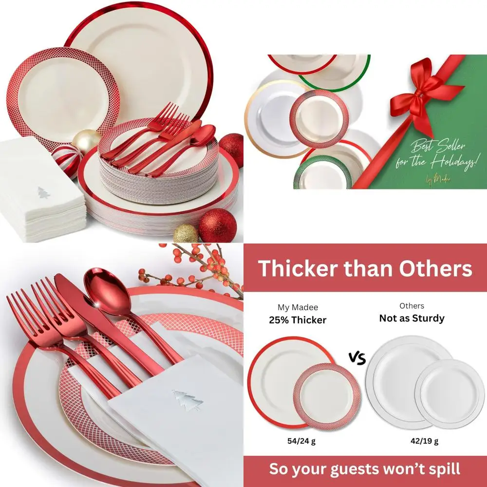 

Christmas Dinnerware Set: 175-Piece Heavyweight Ivory Plastic Plates and Napkins with Red Trim for Festive Celebrations