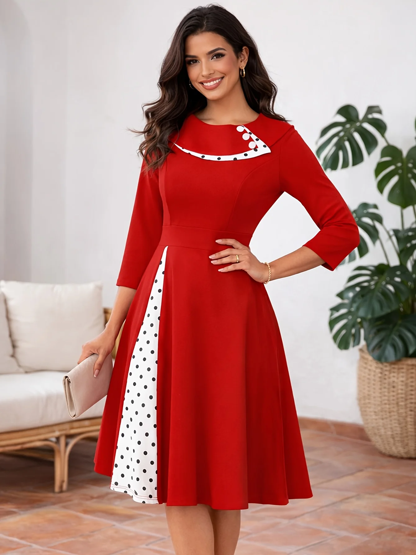 Damen Peter-Pan-Kragen Elegantes Polka-Dot Vintage Büro A-Linien-Kleid mit Farbblock-Design für Business, Casual, Party, Figurbetont und ausgestelltes Swing-Kleid
