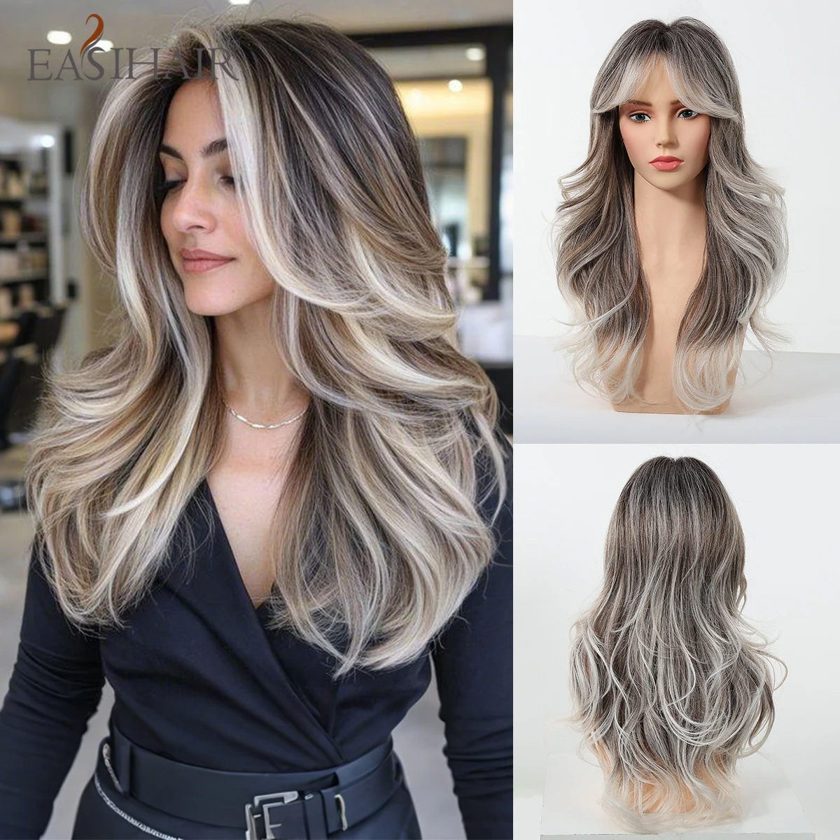 EASIHAIR Gray Brown With Gray White Highlights Wavy Synthetic Wigs for Women Long Natural Wavy Layered Wigs With Side Bangs