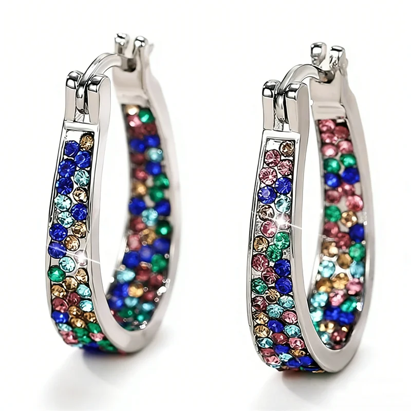 Luxus eingelegte farbige Zirkon Creolen für Frauen exquisite Mode Silber Farbe Party Verlobung Hochzeit Ohrringe