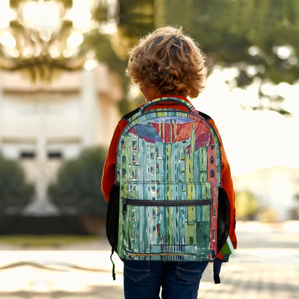 Mochila escolar informal para niños y jóvenes, estampado Vintage Walter Ophey Green Back builds, ligera, 1921