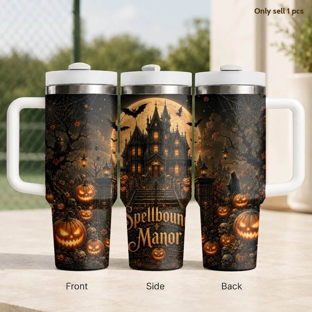 Halloween Haunted House Vacuum Flasks 40oz Stainless Steel Travel Tumbler with Handle Straw Lid Double Wall Vacuum Insulated