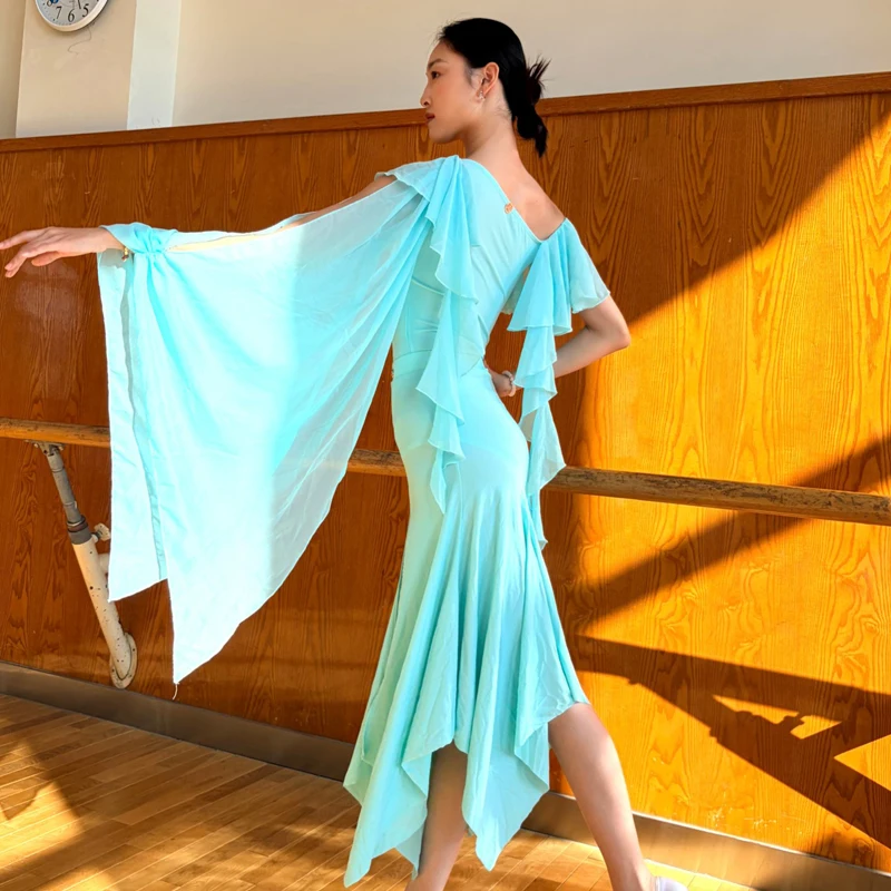 Adultos roupas de competição de dões latinos manga irregular babados saias superiores mulheres samba dança de salão desempenho wear sl14568