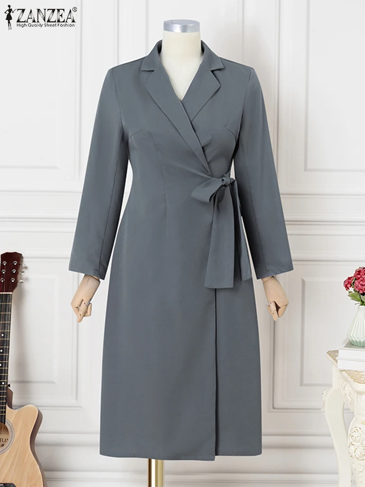 ZANZEA Jesienna Sukienka Garniturowa 2025 Elegancka Damska Biurowa Sukienka Vestidos Świąteczna Z Paskiem W Talii Jednolita Modna Długa Sukienka Midi