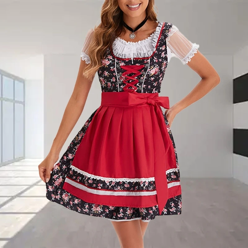 Deutsches bayerisches Oktoberfest-Kostüm-Set, Halloween-Bierkostüm, Dirndl-Kleider, Bluse, Schürze, Schleifen, Band für erwachsene Frauen