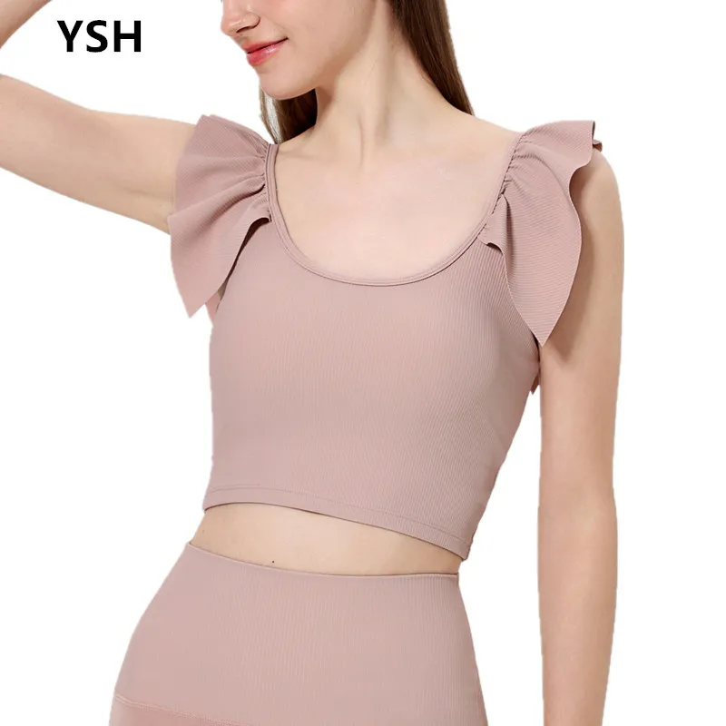 

YUSHUHUA Sexy Cropped Yoga Top Sleeveless Fitness Shirt Women Breathable Running Training Sport Vest Lotus leaf Gym Fitness Tops