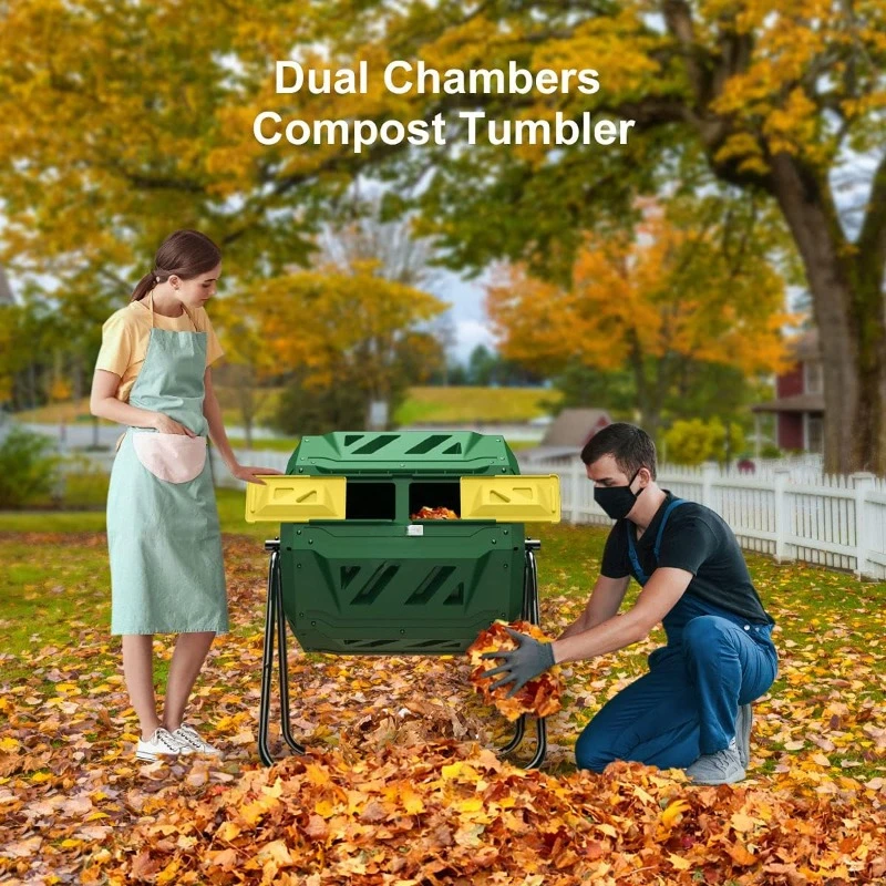 Compost Tumbler Bin Composter Dual Chamber 43 Gallon (Bundled with Pearson's Gardening Gloves)