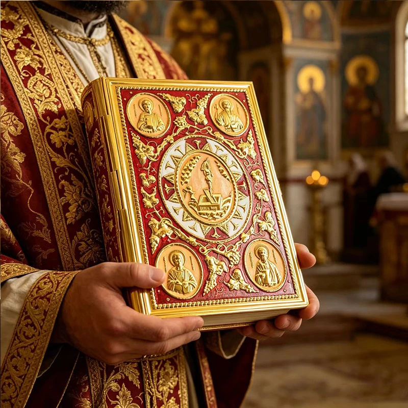 New Ornate Gold Plated Enamel Gospel Cover with Apostle Relief Icons for Orthodox Christian Church Altar Religious Service Decor