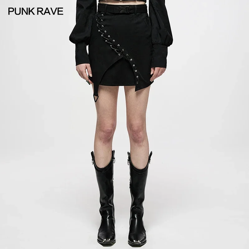 

PUNK RAVE Women's College Style Black High Waist Asymmetrical Skirt Punk Daily Rivet Decoration Spring Summer Mini Skirts Sashes