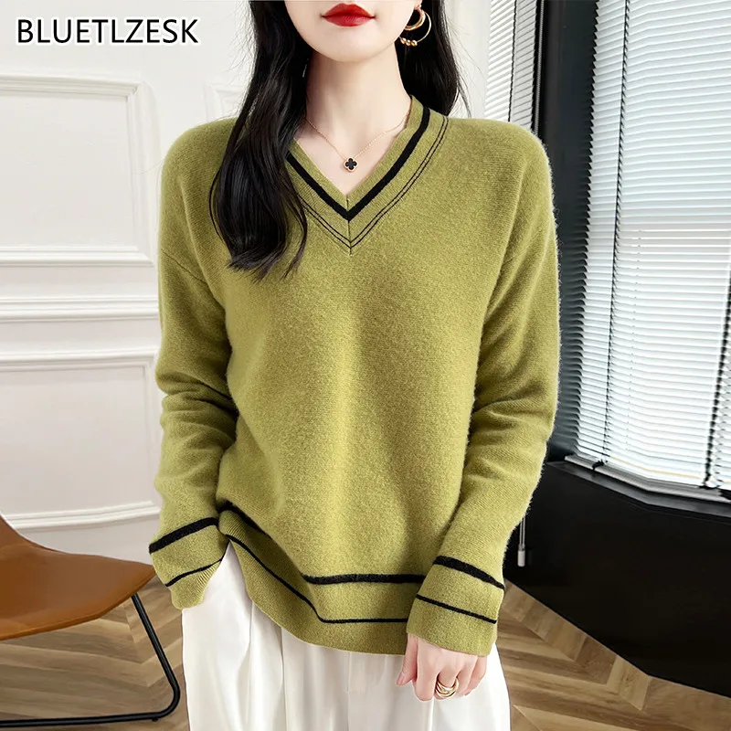 Autumn Winter Women's Pullovers V-neck Cashmere Sweater Casual Color Blocking 100% Merino Wool Knit Sweater Long Sleeve Clothing