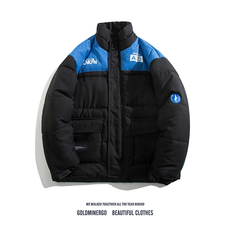 

Японская утепленная мужская зимняя куртка свободного кроя с воротником-стойкой, в стиле пэчворк, с цветовыми блоками, из хлопка, для повседневной носки