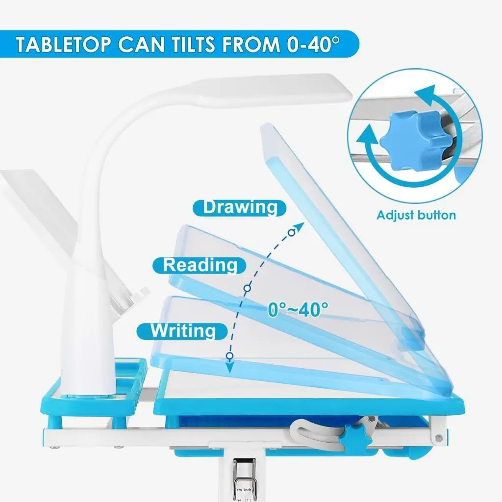 Altura ajustável Study Desk and Chair Set para crianças, mesa grande, quadro de escrita, mesa com lâmpada LED, pull out para crianças, mão