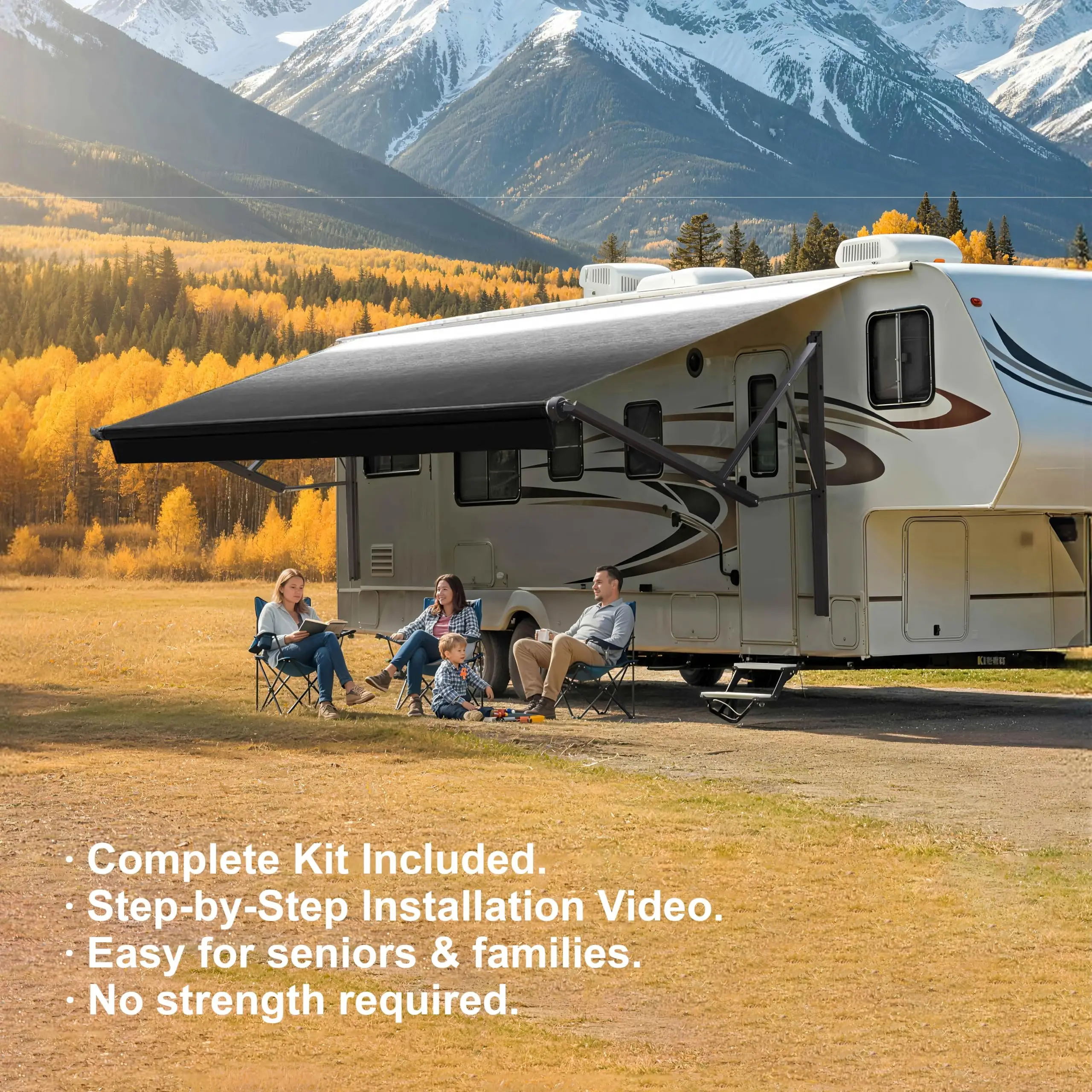 RV Awning for RV&Camper-Motorized RV Awning,Electric Camper Awning Complete Kit-10x8Ft-Black Frame &Black Fade
