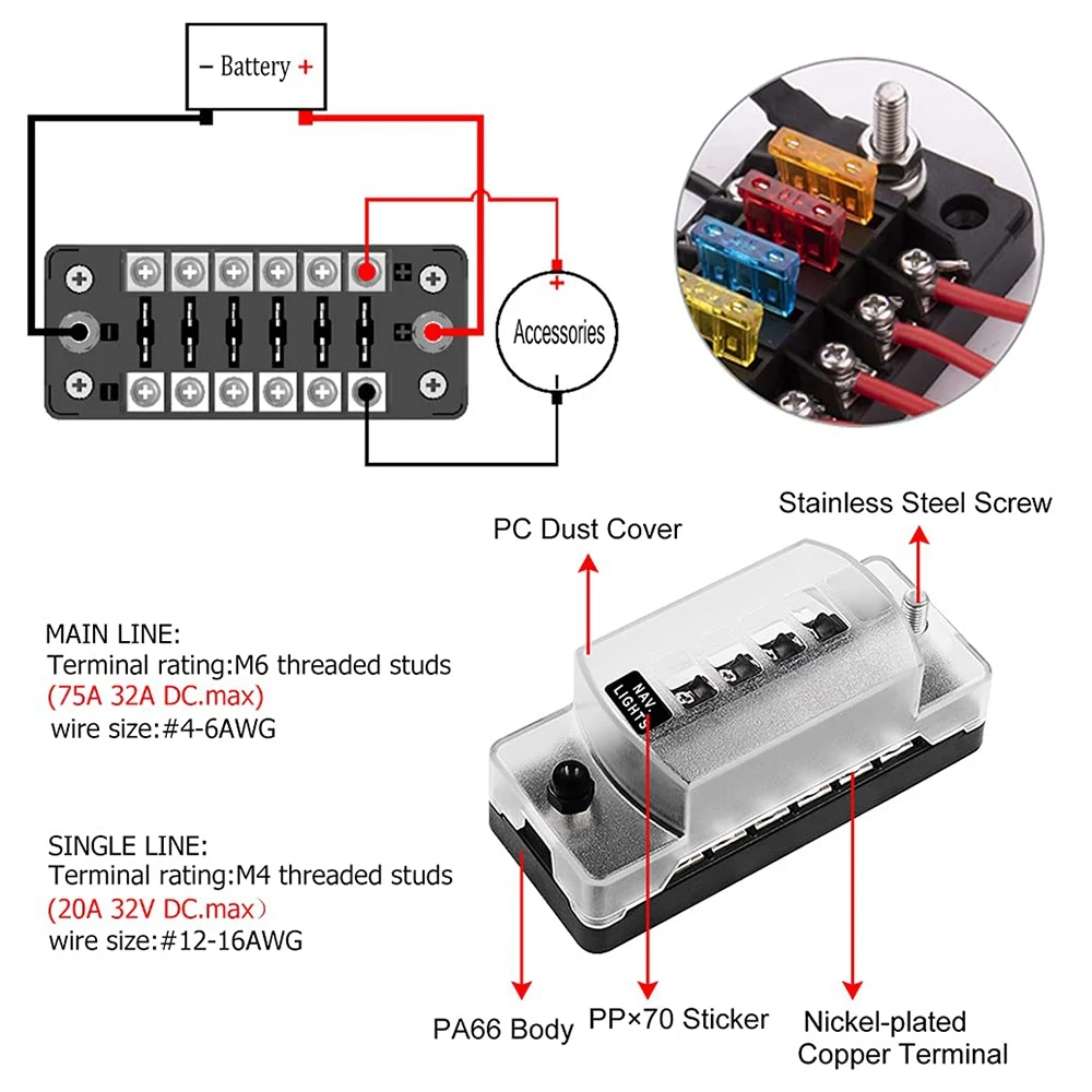 A10E-6 Way Fuse Block Blade Fuse Box With Negative Bus - ATC/ATO For Boat Yacht Vehicle Auto RV Car Trailer Truck SUV