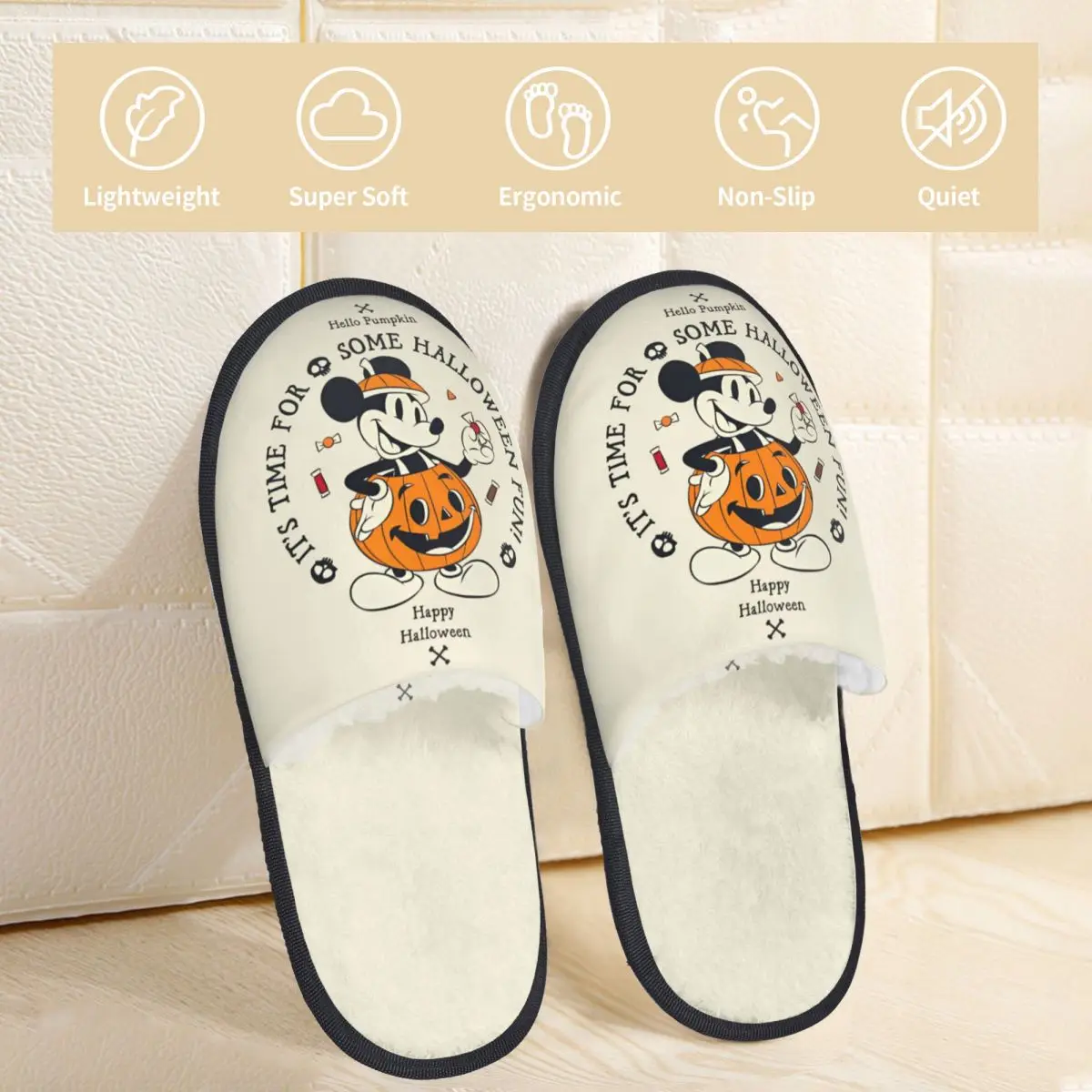 Mickey Mouse Halloween Pumpkin Home Cotton Slippers Bedroom Cozy Household Fur Slippers Slides Anti Slip