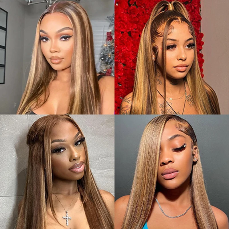 ハイライトオンブレレースフロントウィッグ人毛200%密度 # 4/27 ハニーブロンド ボーンストレートウィッグ 人毛 13x6 オンブレウィッグ 女性用