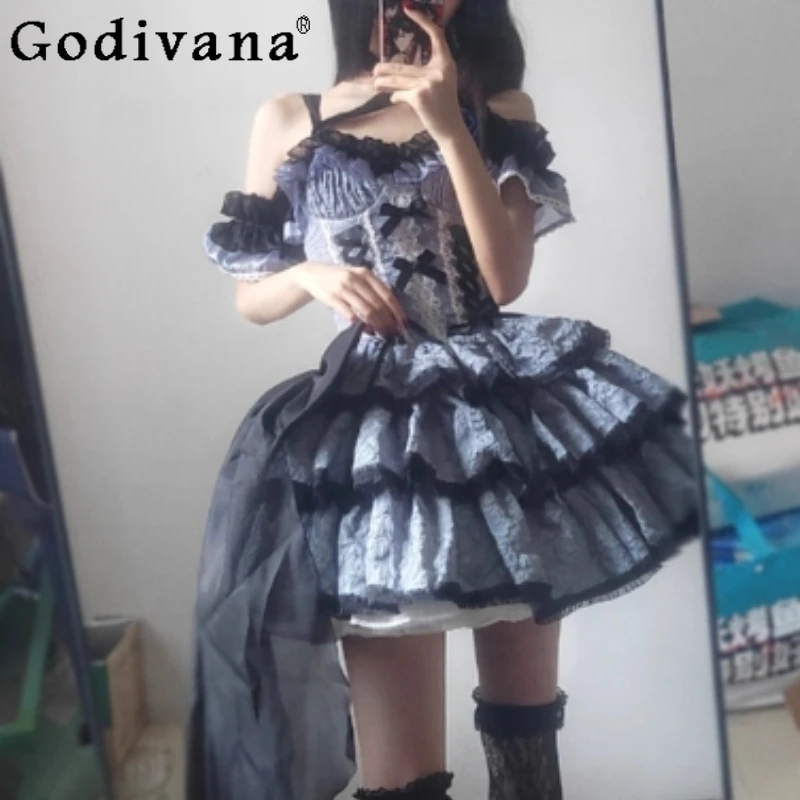 

Lolita JSK Dark Blue Goth Short Dress Women's Summer Suspender Original Dress Female High Waist A Line Princess Dress