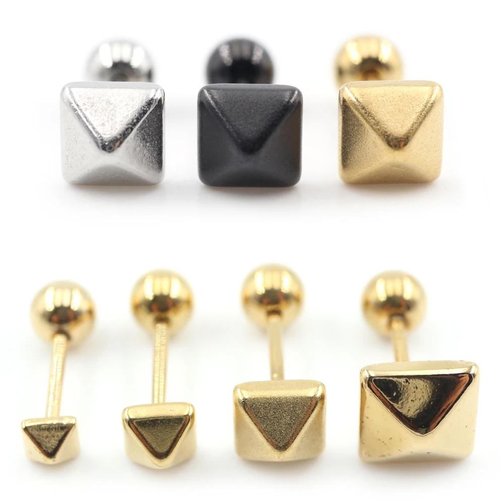 2PC Stainless Steel Flat Base Square Pyramid Threaded Ball Barbell Unisex Women Men Ear Stud Earrings Cartilage Piercing Jewelry