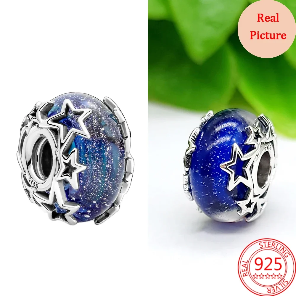 Hot Sale Real 925 Sterling Silver Blue Celestial Shooting Star Heart Double Charm Fit DIY Bracelet Necklaces Jewelry