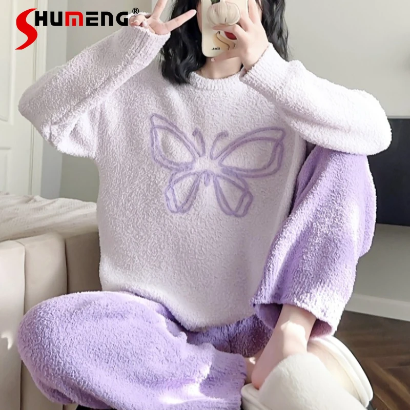 

Autumn Winter New Style Sleep Wear Japanese Butterfly Soft Fluffy Pajamas for Women Warm Fleece Thickened Homewear Female