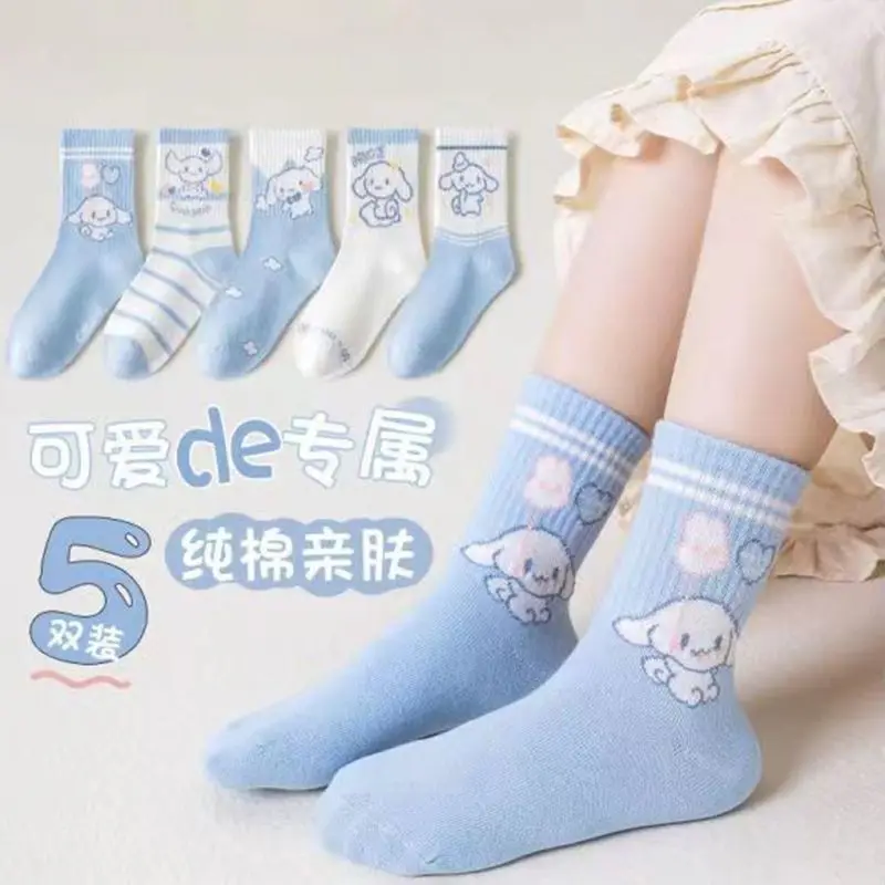 5pairs Sanrio Cinnamoroll‌ Men Sports Socks Cotton Midtube Stockings Socks Kawaii Anime Print Sweet and Comfortable Sock for Kid