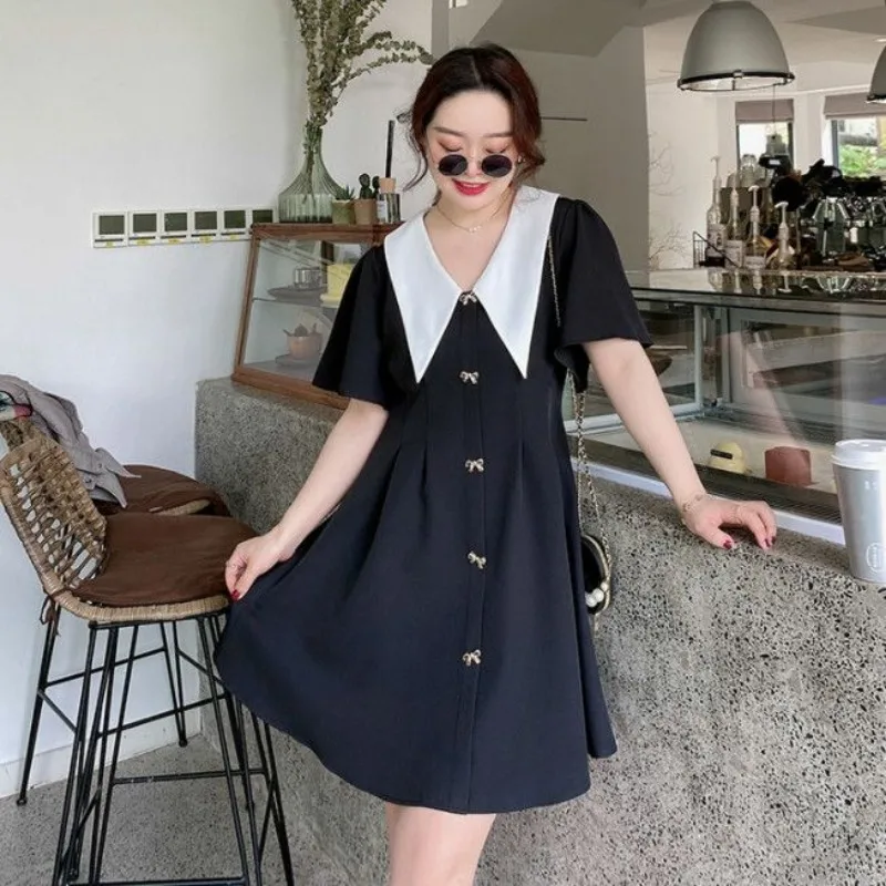 Large Size French Age-reducing Fat Mm Waist-covering Dress Women's Autumn and Winter V-neck Bow Slimming Little Black Dress