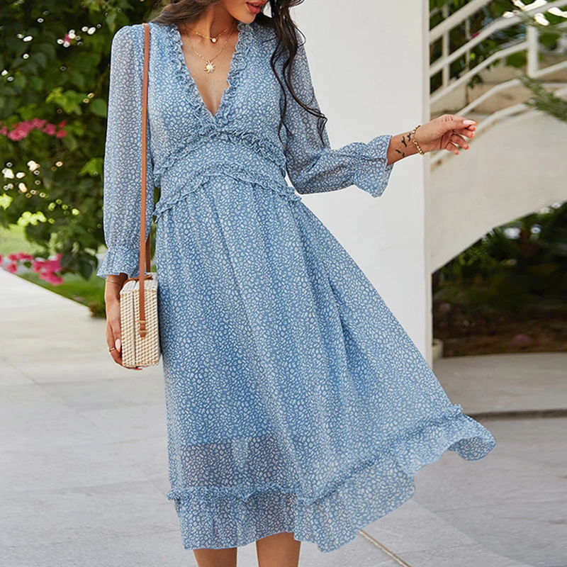 

Women's Dress Fashionable Ruffle Edge Printed Sexy Chiffon Summer Dress Casual Bohemian Beach Dress Robe Femme