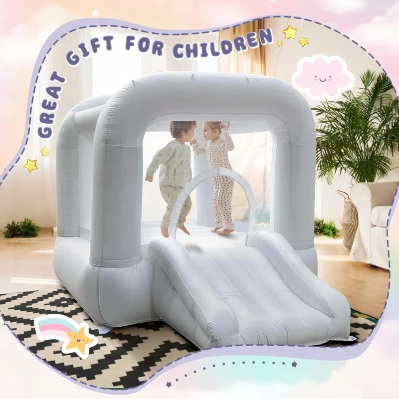 Nuevas llegadas casa de rebote blanca con soplador, castillo inflable con tobogán para fiestas interiores/exteriores de niños/niños pequeños