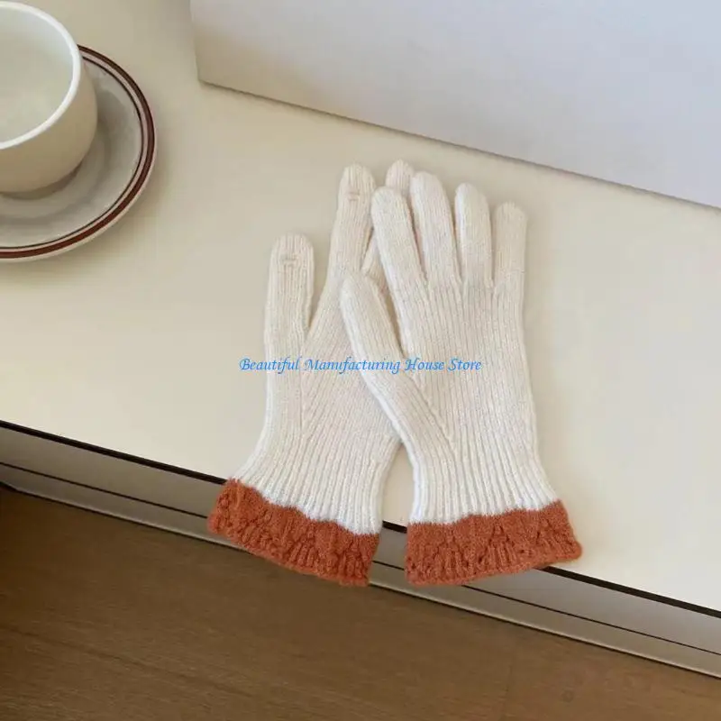 E56A Stylish Knitted Thermal Gloves Thick Gloves Stylish Lace Thermal Theme Gloves Winter Warm Full Finger Gloves