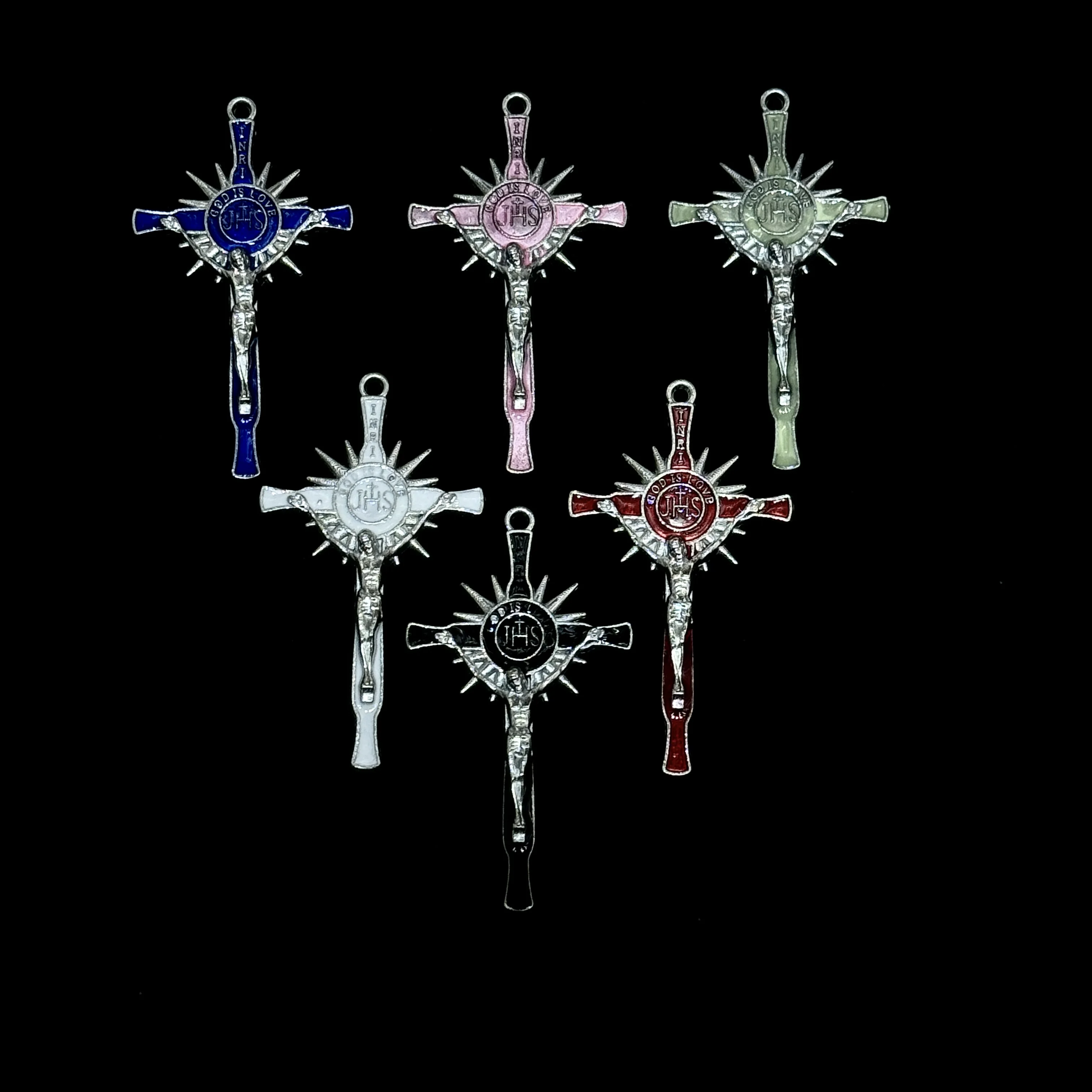 5 piezas de colgantes de cruz crucifijo IHS Sunburst esmaltados, dijes católicos Corpus Christi para joyería de rosario DIY, un solo color por paquete