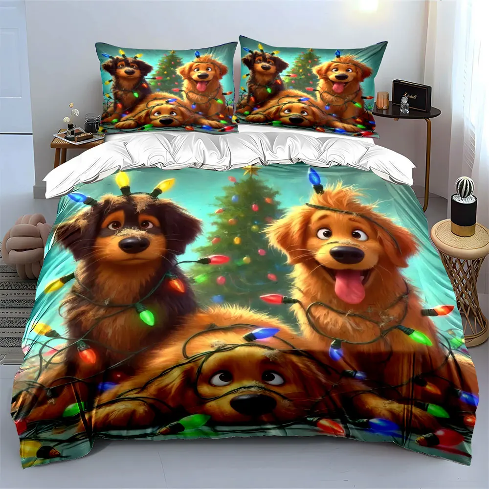 Three adorable puppy lights wrapped around the Christmas tree Print Duvet Cover Bedding Set Included 1Duvet Cover 2*Pillowcases