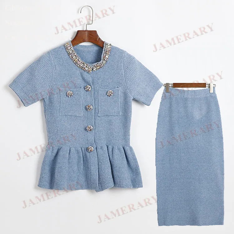 고급스러운 다이아몬드 장식 니트 투피스 세트 여성 니트 스웨터 롱 드레스 반팔 가디건 스커트 슈트