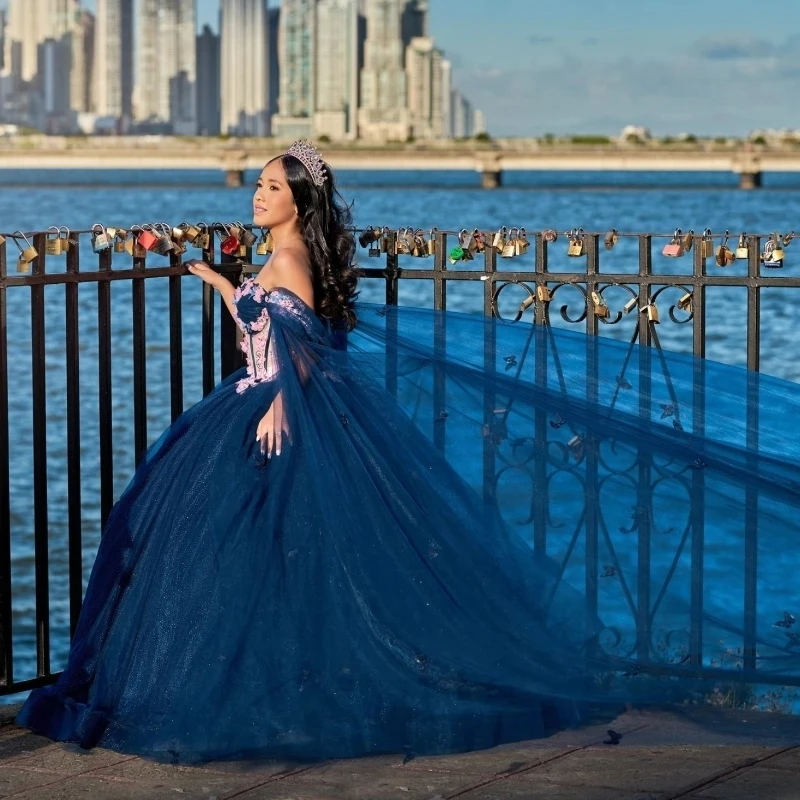 

Navy Blue Shiny Quinceanera Dresses Mexican Sweet Ball Gown Off The Shoulder Appliques Lace Tull Corset Vestidos 15 De XV Anos